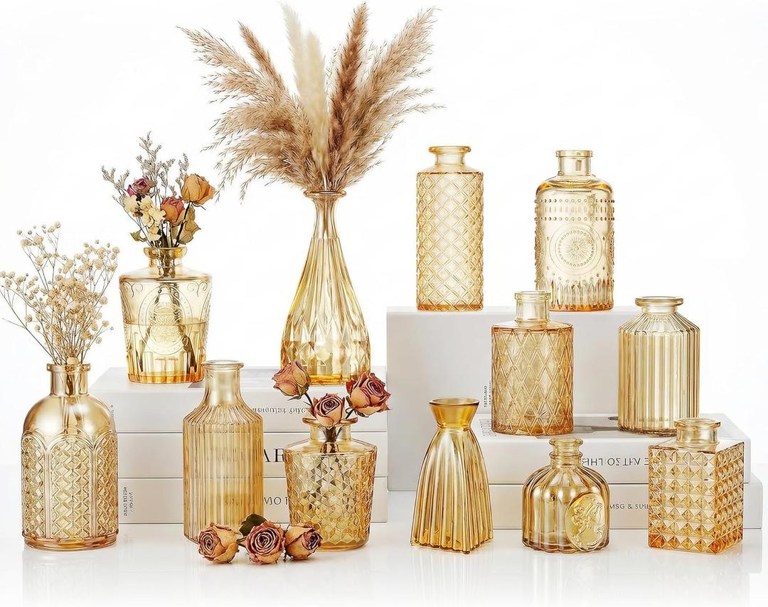 12 Pcs Clear Bud Vases Set, Small Vintage Glass Clear Bud Flower Vases Bulk Multiple Shape Cute Mini Glass Bottles Vases for Rustic Wedding Centerpieces Table Decorations and Home Decor (12, Gold)