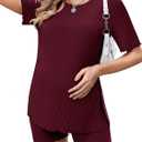 Ekoauer Women 2 Piece Maternity Pajamas Set Lightweight Pregnancy Outfit Ribbed Knit Postpartum Loungewear Set with Pocket (S)