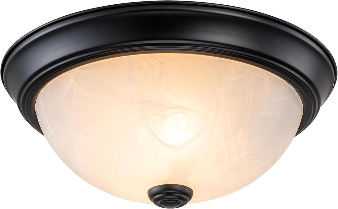 Aspen Creative 63013-3A, 2-Light Flush Mount, Matte Black Finish w/Frosted Glass, 11" Dia, E26 Socket, 60 Watts, Bulb Not Included