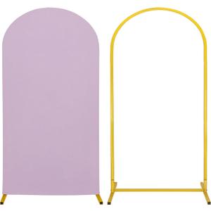 Metal Arch Stand and Cover Set,1 Light Purple Spandex Fitted Backdrop with 1 Gold Wedding Arched Stand Frame for Parties Birthday Baby Shower Bridal Banquet Decoration (6.6FT)