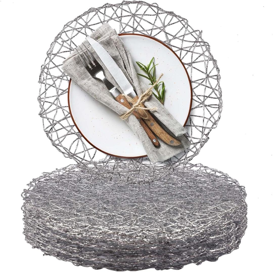 AHHFSMEI Paper Braided Round Placemats Set of 12 Natural Non-Slip Heat Resistant Table Mats for Dining Tables Woven Indoor & Outdoor Place mats for Thanksgiving(Silver)