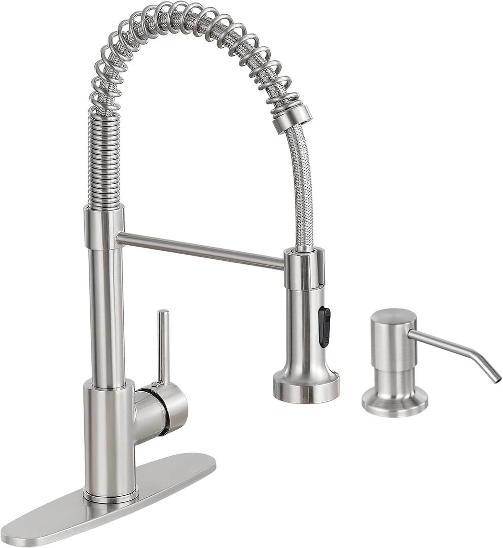 HGN Kitchen Faucet with Soap Dispenser,Commercial Single Handle Kitchen Sink Faucets for Farmhouse Camper Laundry Utility Rv Wet Bar Sinks Brushed Nickel
