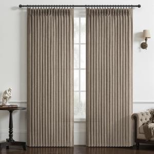 Extra Long 132 Inch Semi Sheer Dark Flax Curtains for Living Room, Memory Trained Pinch Pleated Natural Linen Light Filtering Floor Length 11 FT Large Curtain Brown Rustic Window Drapes 2 Panels Set