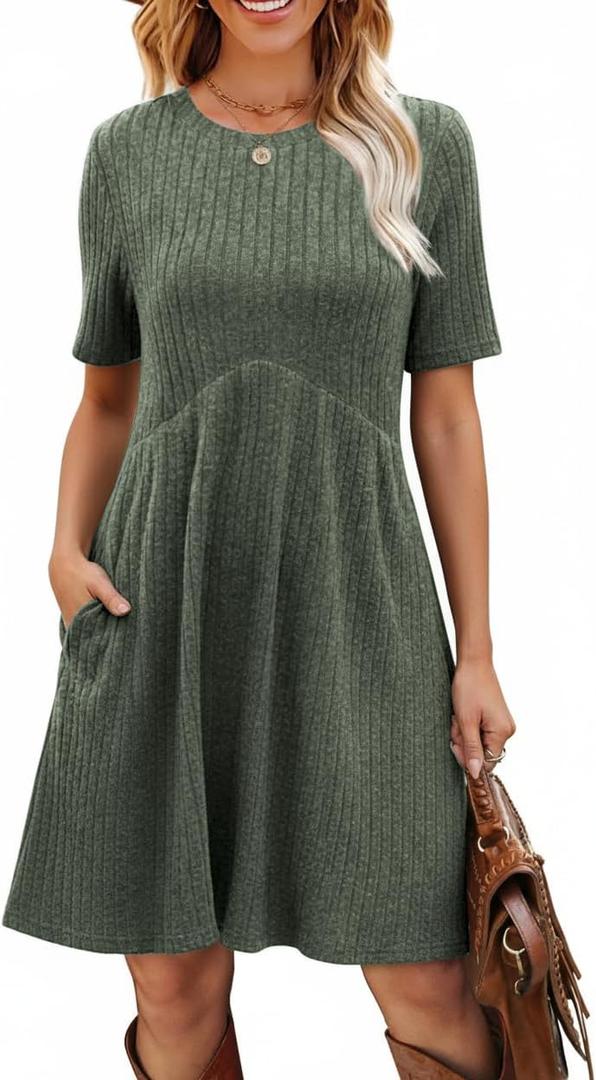 Ulovmi Women's Summer Casual Flowy A-Line Dresses Short Sleeve Ribbed Knit Swing Dress T-Shirt Sundress with Pockets (Green, M)