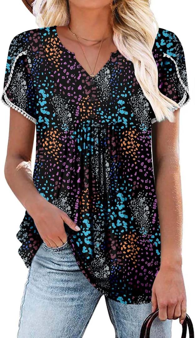 BETTE BOUTIK pleated petal short sleeve bohemian shirts for women blouses for women dressy casual LeopardColor Small