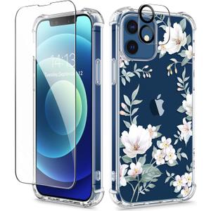 GVIEWIN for iPhone 12 Case and iPhone 12 Pro Case, Clear Flexible TPU Shockproof Cover Women Girls Flower Pattern Phone Case 6.1" 2020 (Magnolia/White)
