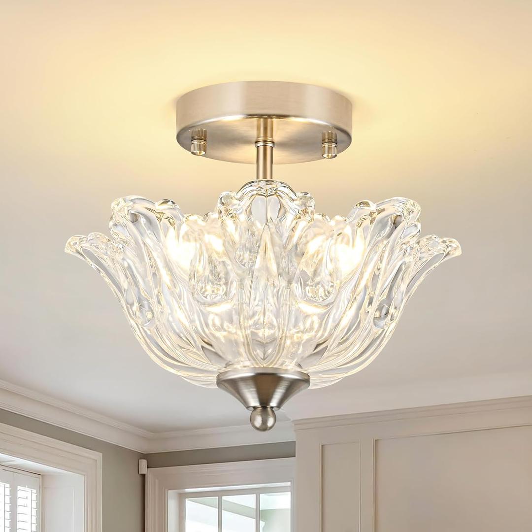 Semi Flush Mount Ceiling Light, Brushed Nickel Light fixtures with Floral Clear Glass Shade, Modern Close-to-Ceiling Lighting for Bedroom Kitchen Living Room Hallway