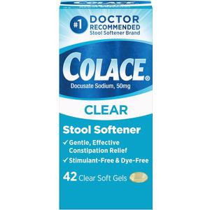 Colace Clear Stool Softener for Gentle Effective Constipation Relief, #1 Doctor Recommended Stool Softener Brand, Dye Free, 50 mg Docusate Capsules, 42 Count