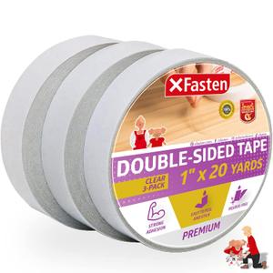 XFasten Double Sided Tape Clear, Removable, 1-Inch by 20-Yards, Pack of 3 Ideal as a Gift Wrap Tape, Holding Carpets, and Woodworking