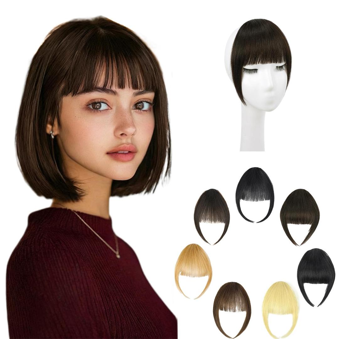 Human Hair Clip in Bangs Dark Brown Soft Layered Fringe French Fake Bangs Hair Hairpieces for Women Curve Bangs for Daily Wear & Halloween French Dark Brown