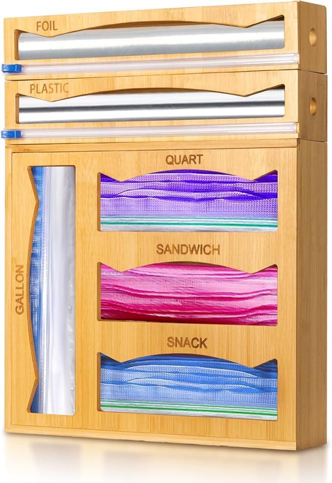 WHOMASS 6in1 Magnetic Bamboo Drawer Organizer for Food Bags and Wraps Adjustable Compartment Storage with Dispenser and Cutter Fits Gallon Quart Sandwich and Snack Sizes