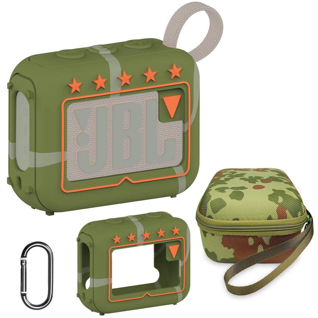 JCHPINE Silicone Cover and Hard Travel Case for JBL Go 4 Ultra Portable Bluetooth Speaker, Accessories for JBL Go 4 Pro Sound Bluetooth Speaker Stand Up Holder (Squad Case)