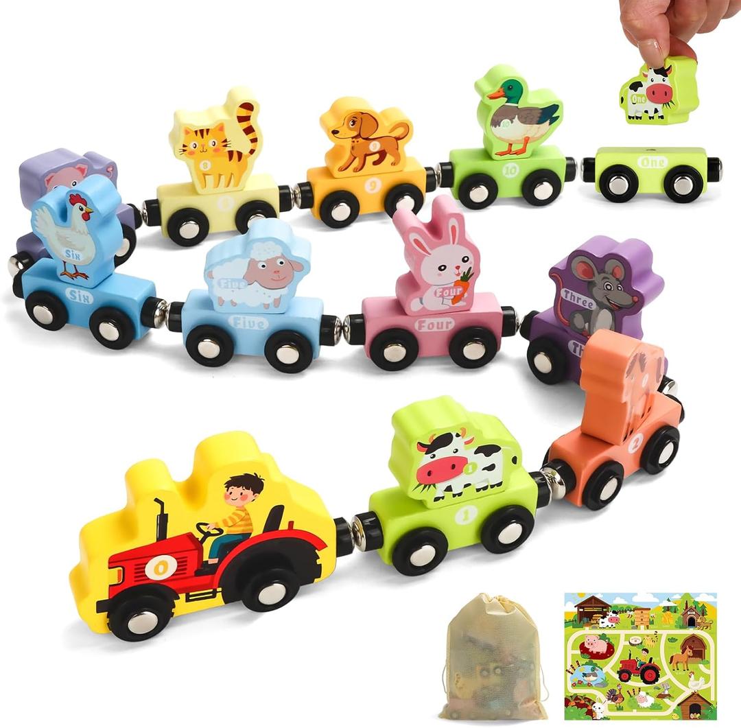 TenFans Montessori Toys, Magnetic Wooden Animal Train Set for Toddlers, 11 Pieces, Educational Preschool Learning Toys, Birthday Gifts for Boys & Girls