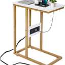 VECELO C-Shaped End Side Table with Charging Station & 2 USB Ports and Outlets for Living Room, Bedroom, with Adjustable Feet for Couch Sofa, Bedside, Small Spaces， Gold
