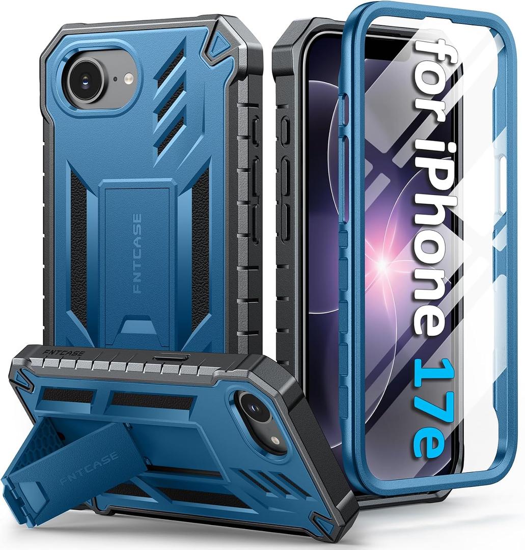 FNTCASE for iPhone 17e Phone Case: [Built-in Screen Protector & Kickstand] [Military-Grade Drop Protection] Heavy Duty Protective Full Body Shockproof TPU Rugged Protective Phone Cover Blue