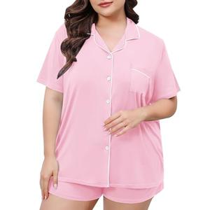 SWOMOG Women's Plus Size Pajamas Set Button Down Tops Short Sleeve Sleepwear Soft Pajama Shorts 2 Pcs Lounge Sets With Pocket Pink 24W