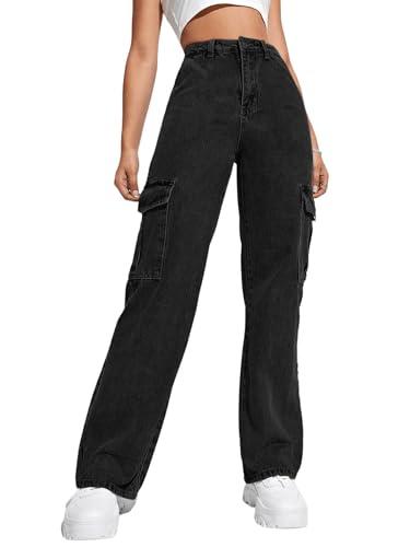 Haloumoning Girls Jeans Denim Elastic High Waisted Wide Leg Baggy Cargo Pants with Pockets 5-6 Years