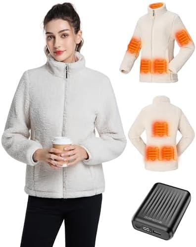 Evonicc Sherpa Fleece Heated Jacket for Women with 12V 18400mAh Battery Pack, Women's Heated Jacket Fuzzy Fleece Heated Coat, XXL