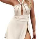 Zilcremo One Piece Swim Dress Tummy Control Swimsuits for Women Cutout Color Block Halter Skirted Bathing Suit (Beige, L)
