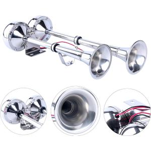 Amarine Made 12v Marine Boat Horn 125db Stainless Steel Dual Trumpet Horn for Ship Truck RV Trailer, Low and High Tone, 18-1/2"