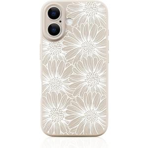 Silicone Phone Case for iPhone 16 Compatible with Magsafe Cute White Daisy Floral Design Shock Proof Heavy-Duty Protection for Women Girls
