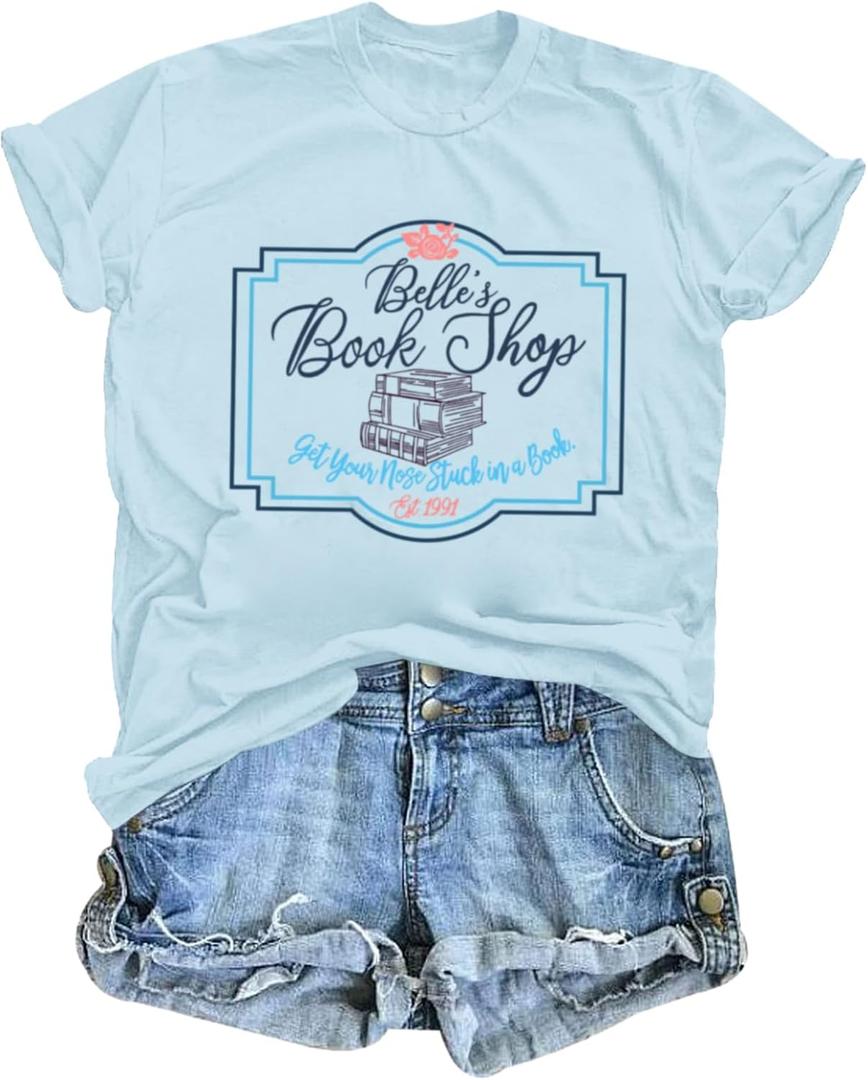 Jinluth Belle Princess Shirts for Women Book Lover Gifts Magic Kingdom T Shirts Belle's Book Shop Funny Graphic Tees Tops (Large)
