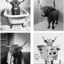 NIIORTY Funny Highland Cow Bathroom Wall Art, Vintage Black and White Rustic Style Canvas Prints for Bathroom Restroom Farmhouse Decor, 4-Set (8"x10" Unframed)