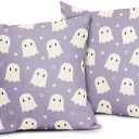 Farmhouse Cotton Linen Pillowcases - Cute Ghost 18x18 Inch Purple And White Spooky Throw Pillow Covers Set of 2 For Halloween Home And Outdoor Decor