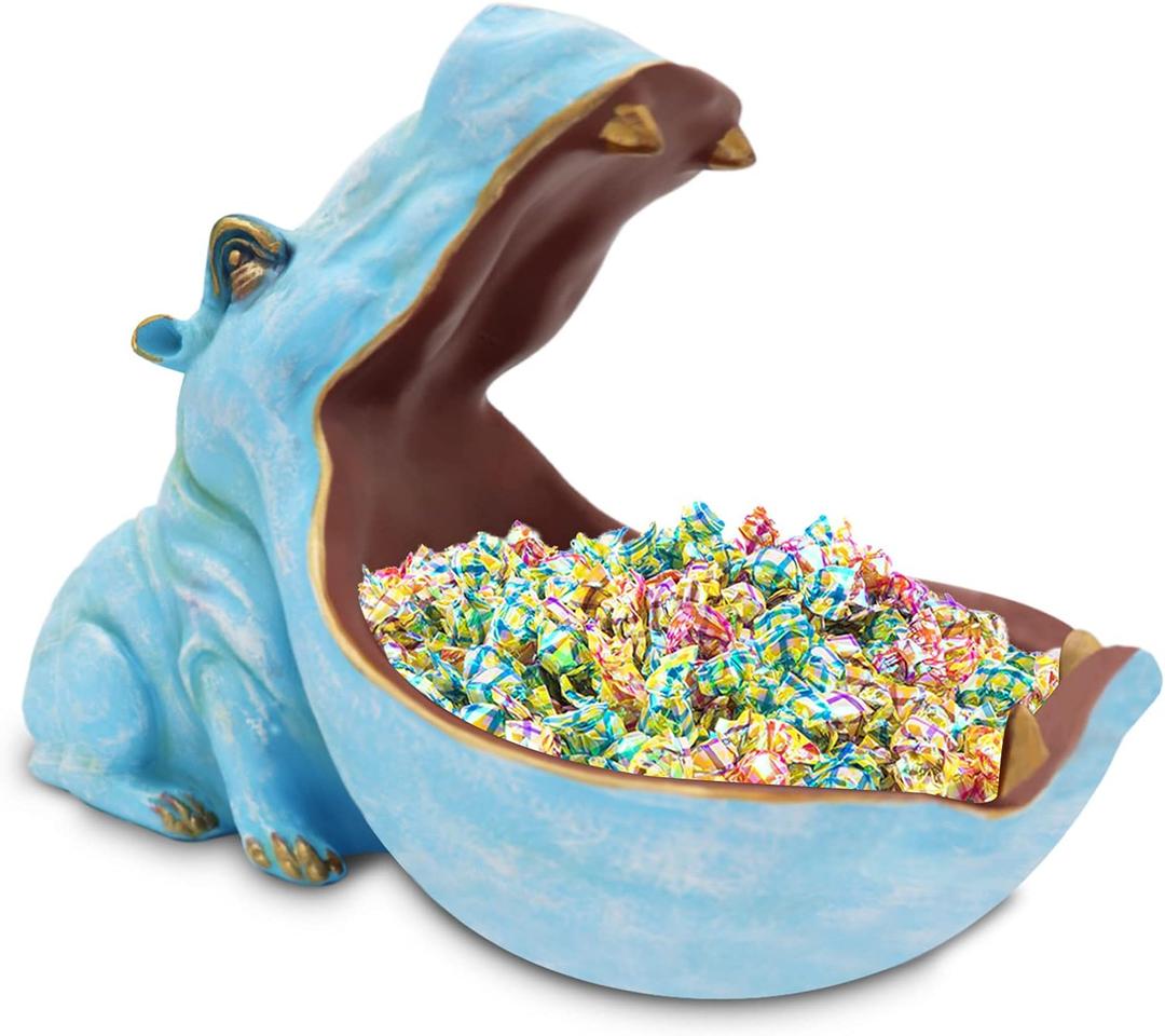 aboxoo Hippo Statue Home Resin Hippopotamus Figurine Fun Candy Dish,Key Bowl,Big Mouth Sculpture Table Art Decoration Sundries Container Storage Box (Light Blue)