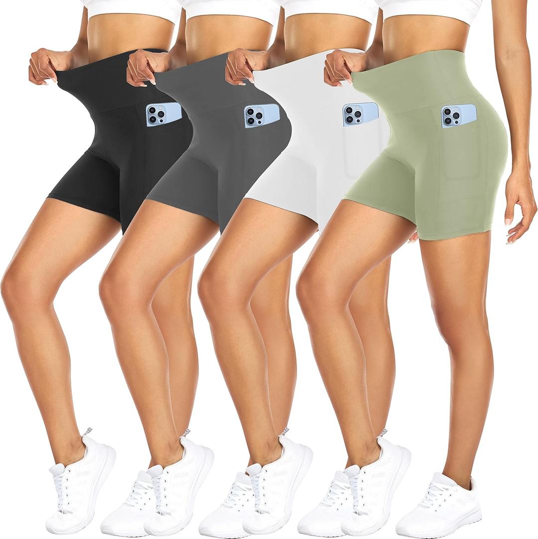 FULLSOFT 4 Pack Biker Shorts for Women with Pockets  5" High Waisted Tummy Control Workout Yoga Running Gym Tennis Shorts (Small-Medium, 4 Pack Black/Grey/Light Green/White)