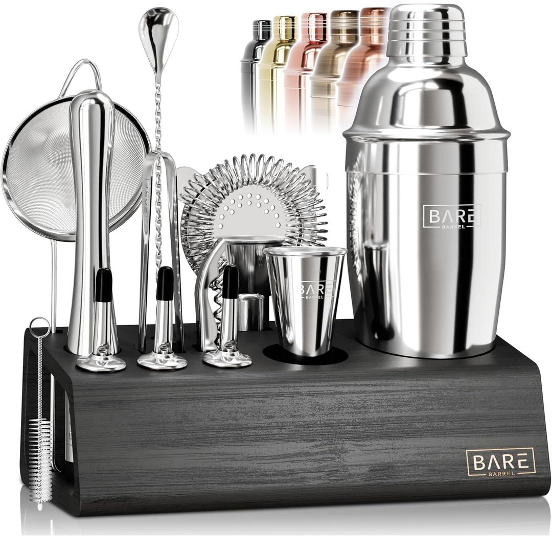 BARE BARREL Mixology Bartender Kit Bar Set | 14-Piece Cocktail Shaker Set | Martini Barware Mixing Tools for Home Bartending | Incl. 35 Recipe Cards | Gift Set (24oz Cobbler Shaker, Silver/Black)