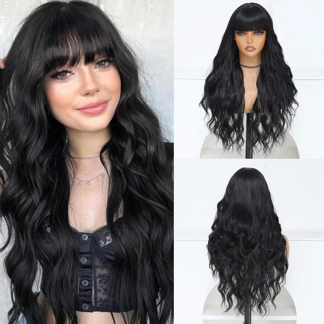 Black Wig for Women, Long Black Wavy Wig with Bangs 26 Inch Wigs Natural Looking Heat Resistant Synthetic Wig for Daily Party Use