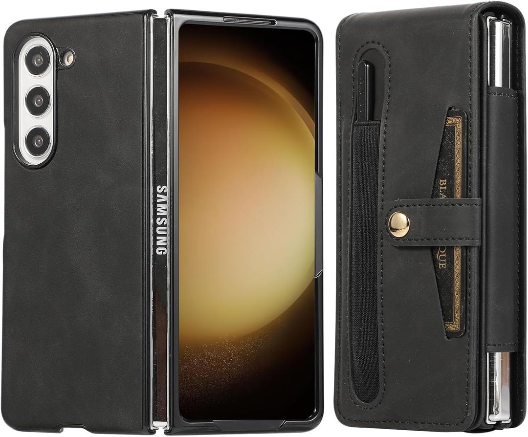 for Samsung Galaxy Z Fold 5 Case, Leather Pouch Holster Belt Case, Belt Clip & Dual Magnet Closure, Card Slot, Pen & S Pen Slot, flip Phone case for Phone Belt Holder for Z Fold5, Black