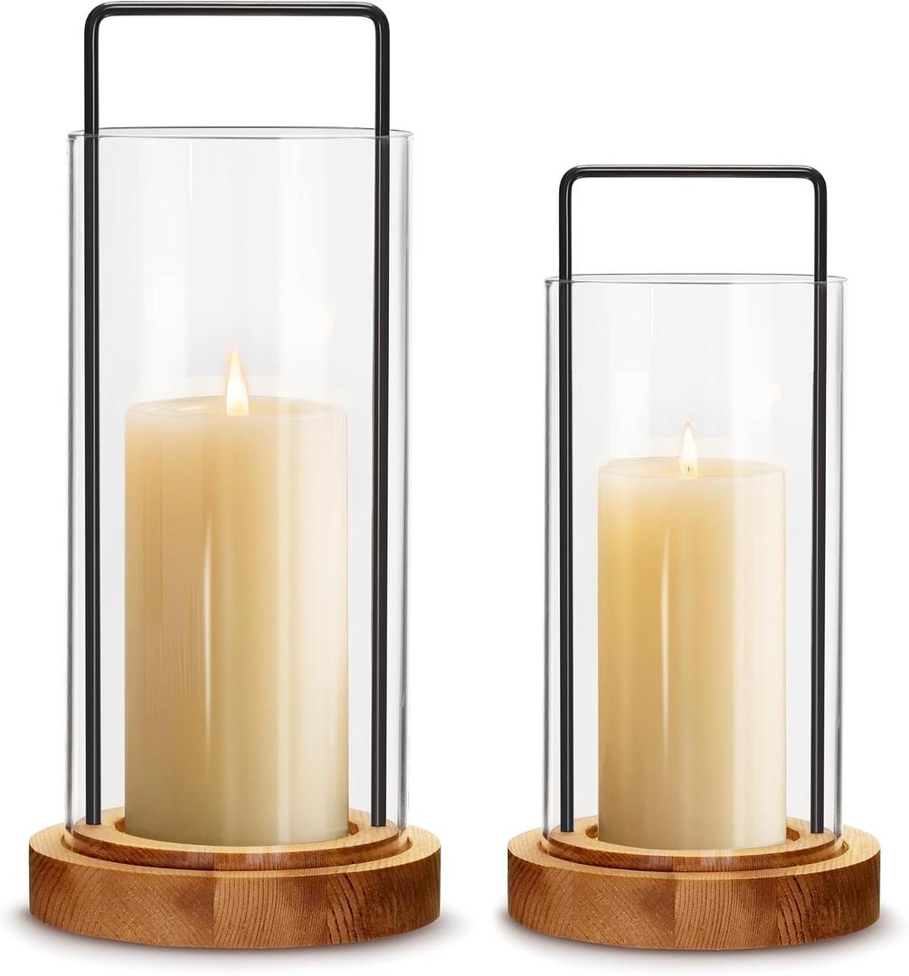 Houmury Set of 2 Hurricane Candle Holders Lantern 12 & 10with Wood Base Metal Handle Glass Cylinder Modern Farmhouse Decor for Home Decoration, Table Centerpieces (Warm Amber Brown)