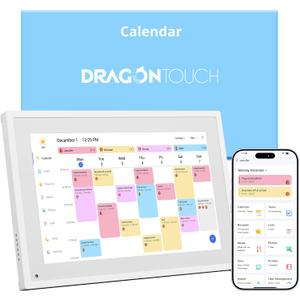 Dragon Touch 10.1 inch Digital Calendar Chore Chart  Interactive Touchscreen, Smart Family Planner, Hearth Display Desk Digital Calendar Best Gifts for Christmas, Wedding, Mom (White)