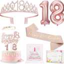 8pcs 18th birthday decorations for girls, Including 18th Happy Birthday Cake Toppers, Birthday Queen Sash with Pearl Pin, Sweet Rhinestone Tiara Crown, Number Candles and Balloons Set, Rose Gold