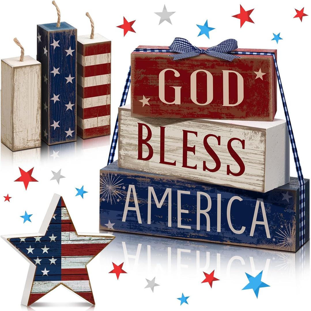 Cinnvoice 7 Pcs Patriotic Table Decorations 4th of July Tiered Tray Decor 250th Anniversary God Bless American Centerpiece Red White Blue Wood American Block Sign with Bow for Home(Independence Day)