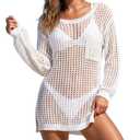 SOCIALA Women's Bathing Suit Crochet Beach Coverup Casual Scoop Neck Long Sleeves Bikini Swimsuit Cover Up White Small (S)