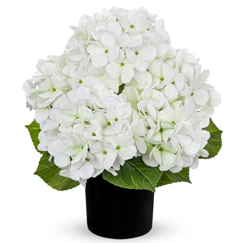 Hollyone White Hydrangea Artificial Flowers in Pots 15.7" Five-Head Faux Silk Hydranges Flower Arrangements for Indoor Home Office Kitchen Table Centerpieces Wedding Decorations