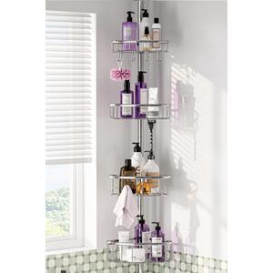 Corner Shower Caddy Tension Pole: Stainless Steel Rustproof 4-Tier Shower Organizer - 47-121 inch Adjustable Bathroom Shelves for Bathtub Shampoo Storage - Tension Rod Floor Standing Bath Rack -Silver
