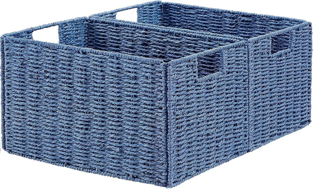 Vagusicc Wicker Storage Basket, Set of 2 Hand-Woven Paper Rope Wicker Basket, Small Storage Baskets for Organizing Toilet Paper Basket, Foldable Large Cube Storage Organizer Bins for Shelves (Blue)