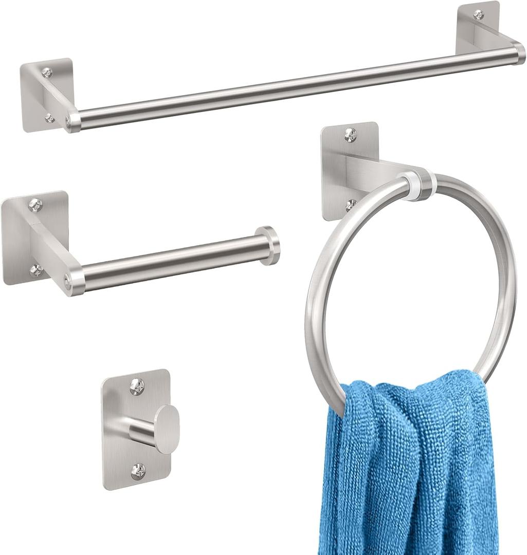 KLJKPA Brushed Nickel Bathroom Accessories Set, 4 Pieces Bathroom Hardware Set, 16 inch Towel Bar, Towel Racks for Bathroom, Robe Towel Hooks, Toilet Paper Holder Wall Mounted