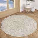 SIILOOM 3' Round Rug Washable Rug for Entryway, Cream Beige Yellow White Grey Soft Non-Slip Area Rugs Distressed Floral Low-Pile Carpet, Neutral Vintage Circle Rugs for Living Room Bedroom Foyer