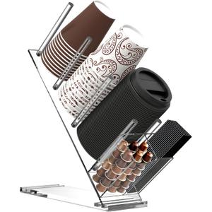 Acrylic Coffee Cup and Lid Organizer, Adjustable Cups and Lid Holder, 5 Compartment Coffee Cup Holder for Disposable Paper Plastic Cups, Coffees Bar Organizers accessories