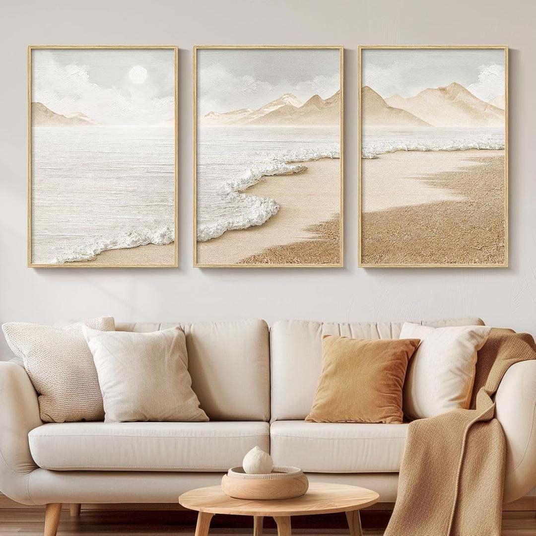 Framed Boho Beach Coastal Wall Art for Living Room, Large Neutral Abstract Coastal Canvas Artwork for Walls, 3 Piece Minimalist Ocean Picture Print for Living Room Bedroom Kitchen Wall Decor, 16x24 In
