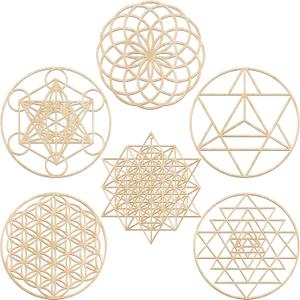 Taiyin 6 Pcs 12 Inch Sacred Geometry Wood Wall Art Set Zen Metatron Cube Home Decor Sri Yantra Merkaba Torus Flower of Life Hanging Sculpture Wooden Crystal Grid Pagan 7 Chakra Wall Decor(Burlywood)