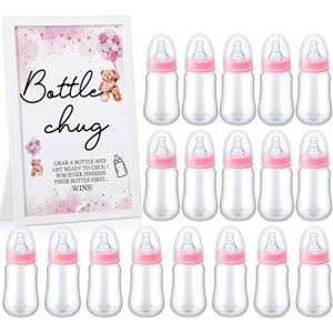 Roowest Bottle Chug Baby Shower Game Favors Including Pink Bear Theme Wooden Sign and 18 Pcs Baby Bottles for Gender Reveal Party Supplies