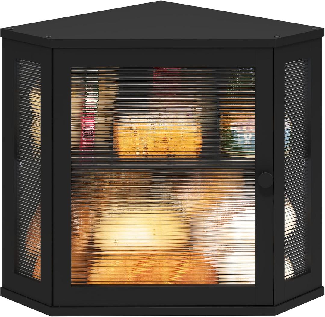 Viewcare Corner Bread Box for Kitchen Counter, Bamboo Wood Black Bread Box, Large Capacity Bread Storage Bin with Acrylic Wavy Door Panel (Black, Meduim) 