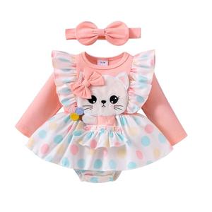 Baby Girl Clothes 12 18 Months Romper Infant Ruffle One Piece Cute Cat Cartoon Dress Fall Winter Long Sleeve Outfits with Headband Pink 12-18 Months
