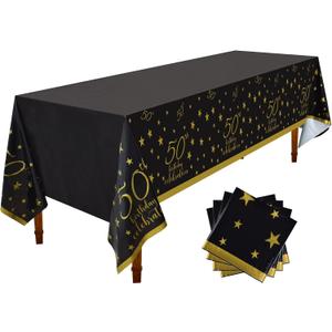 Gatherfun 50th Birthday Disposable Tablecloth 4 Pack Gold and Black Waterproof Plastic Table Cover for Men Woman 50 Birthday Party Decorations
